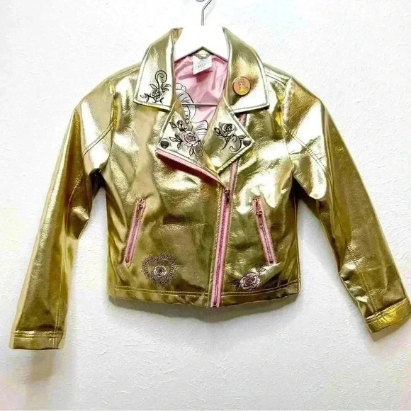 Disney Other - Disney Girls Sz 7/8 Beauty & The Beast Metallic Gold Biker Jacket Faux Leather